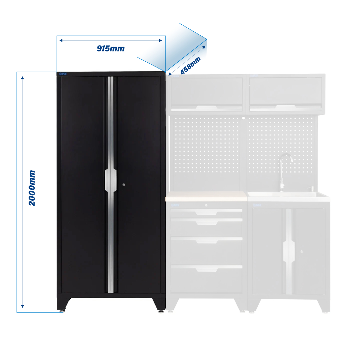 SGS 7pc Modular Garage Storage | 4 Drawers | Plywood Worktop | Sink Unit | 2x Upper Cabinets | Tall Double Cabinet